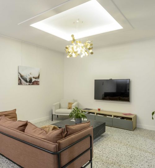 16-salon-television-meuble-tv-plantes-tableau-led-luminaire-corniche-faux-plafond-canape-rose-sol-terrazzo
